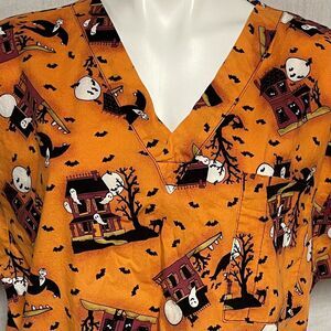 Halloween Nurse Scrub Top Comfy Cottons Orange Moon Ghost Bat Haunted Size L